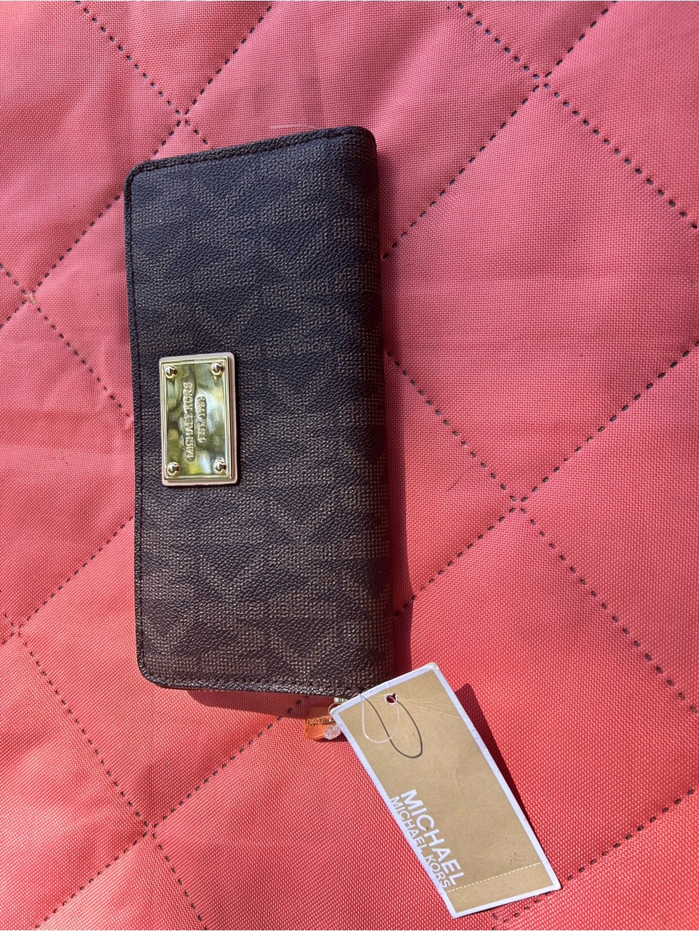 Michael Kors Brown Signature Zip Card Holder with Gold Plaque